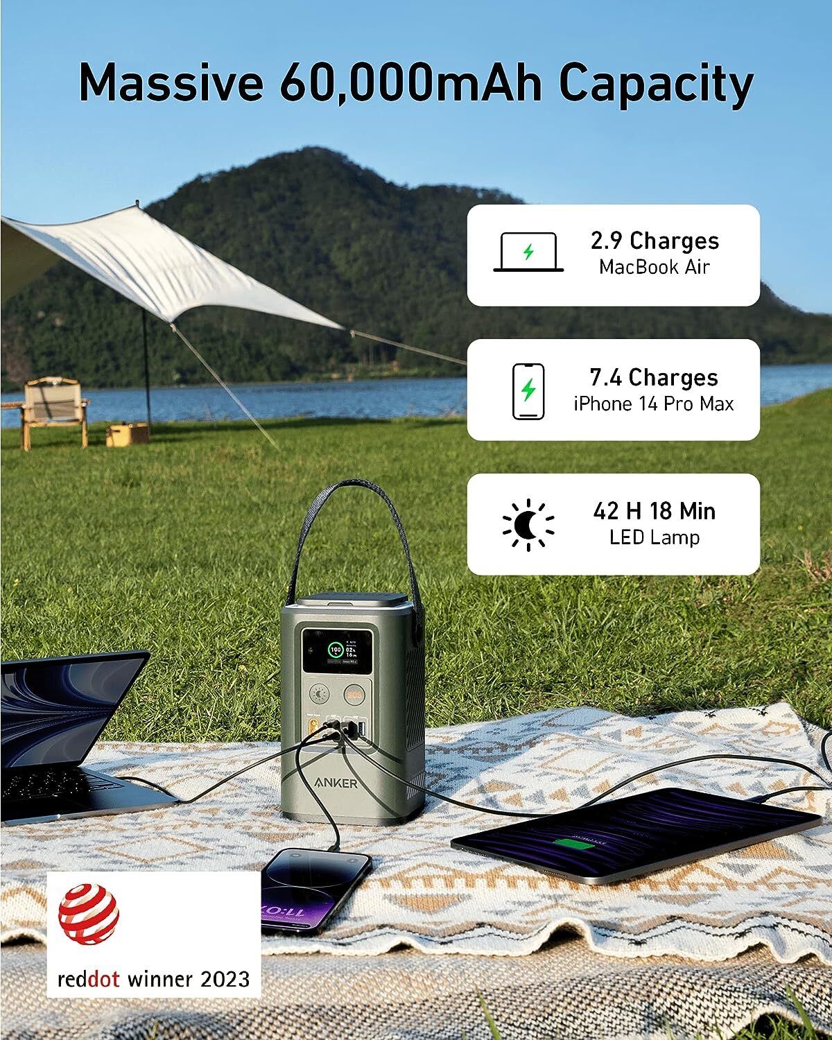 Anker 60000mah Power Bank 60W Portable Charger Retractable Auto Lighting |Refurb