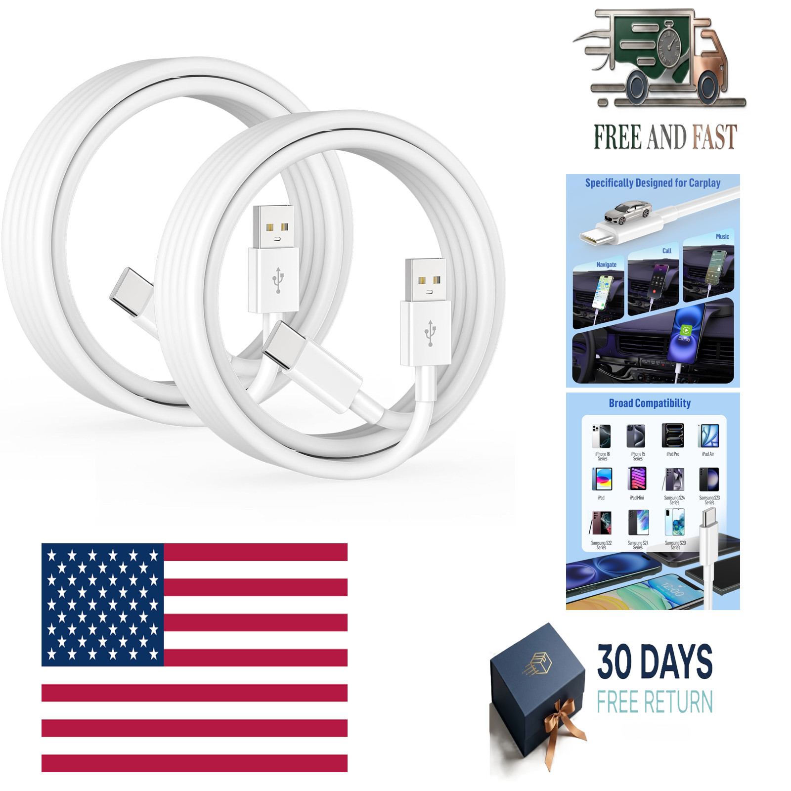 High Speed Car Carplay Cable for iPhone 17/17 Pro/17 Pro Max, (2Pack, 3ft) TPE