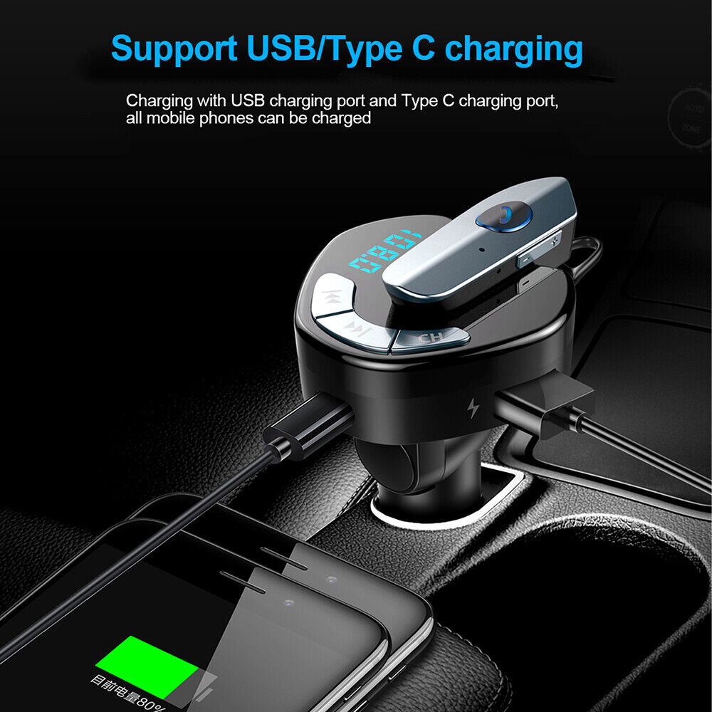 Bluetooth Headset Trucker Earpiece Headphones FM Transmitter Radio Car Charger