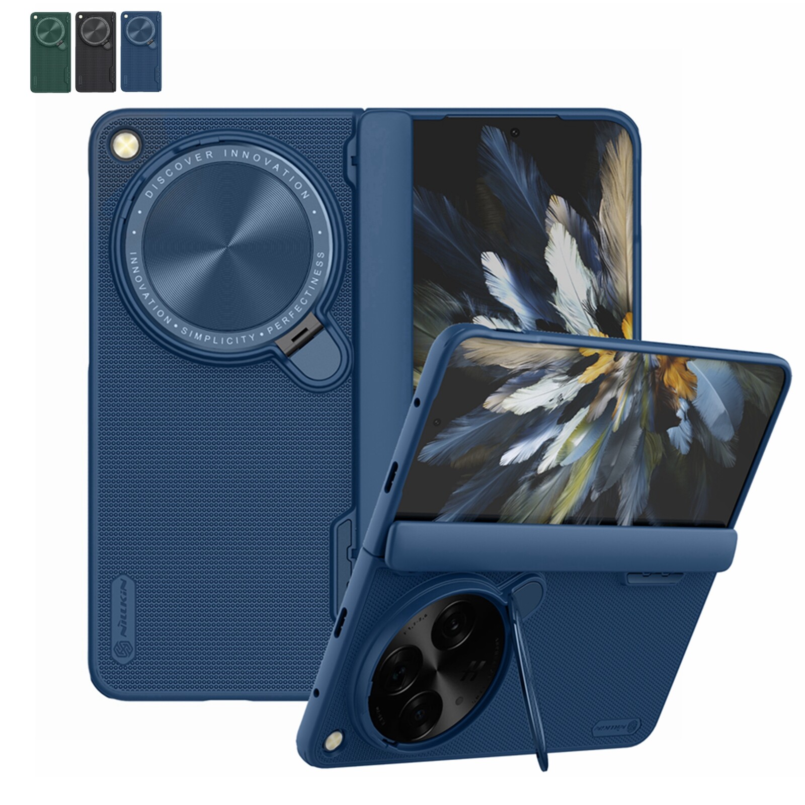 For OnePlus Open Frosted Hinge Protection Rugged Case + Camera Protection Stand