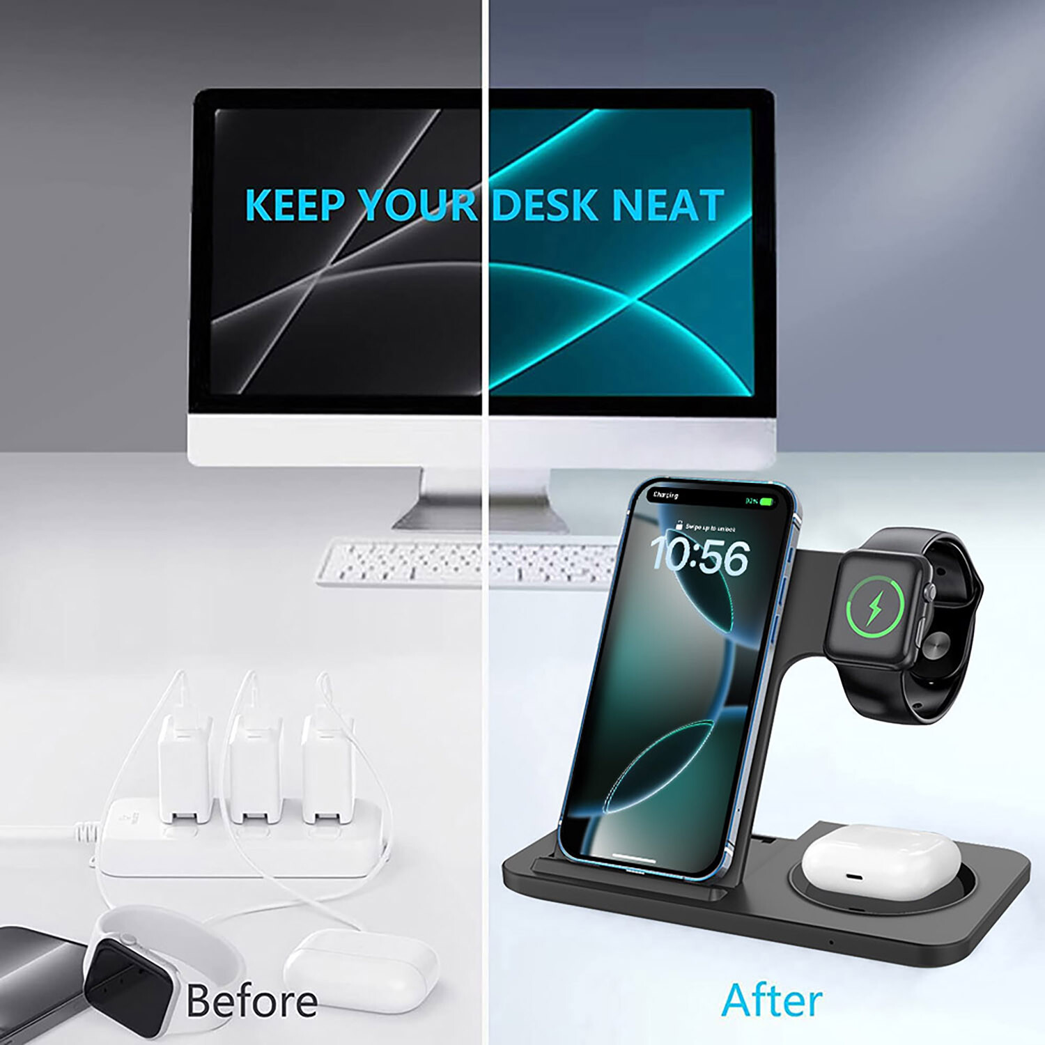 3In1 Wireless Charger Dock Charging Station For Apple Watch 9 Air Pods iPhone 16