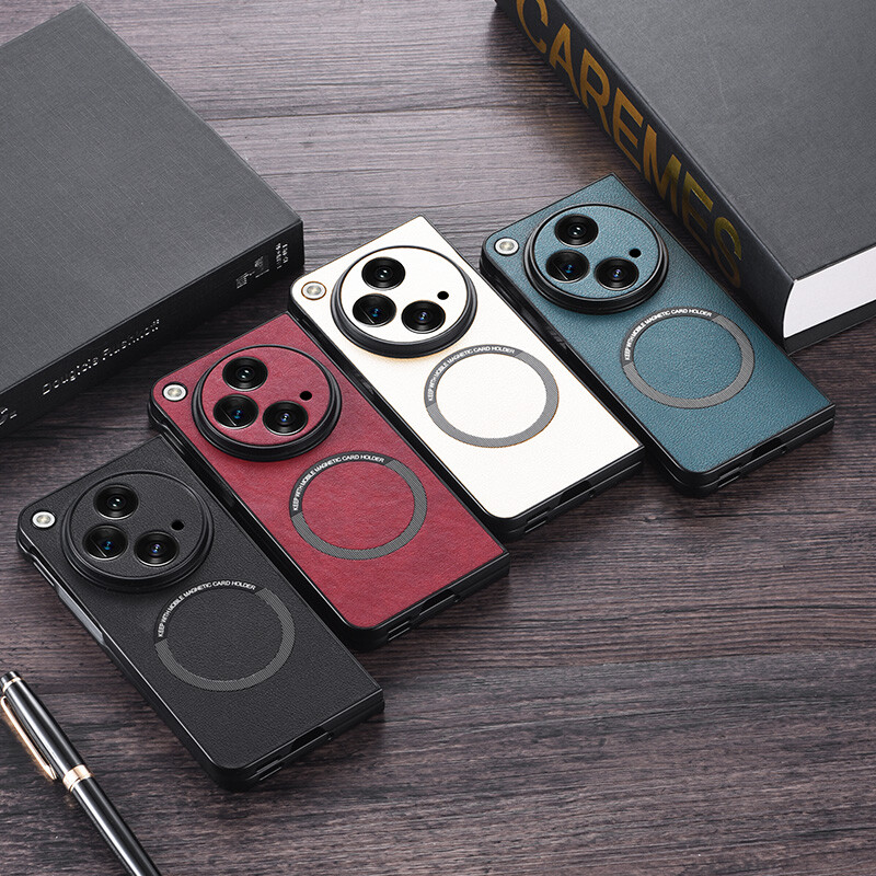 For OnePlus Open Red Thin Luxury Plain Leather Magsafe Shockproof Phone Case