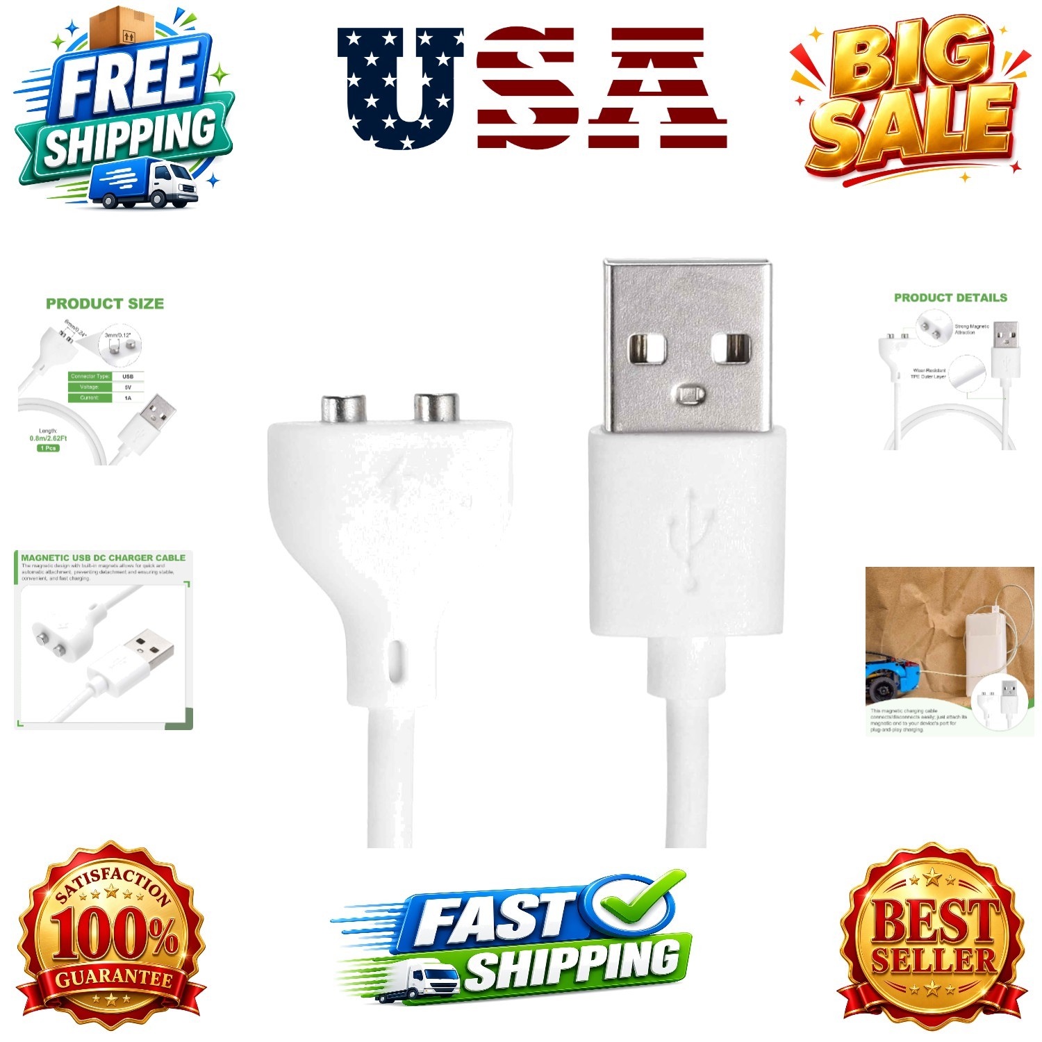 2.6Ft Magnetic USB DC Charger Cable, 6mm/0.24″ Magnetic Replacement Charging …