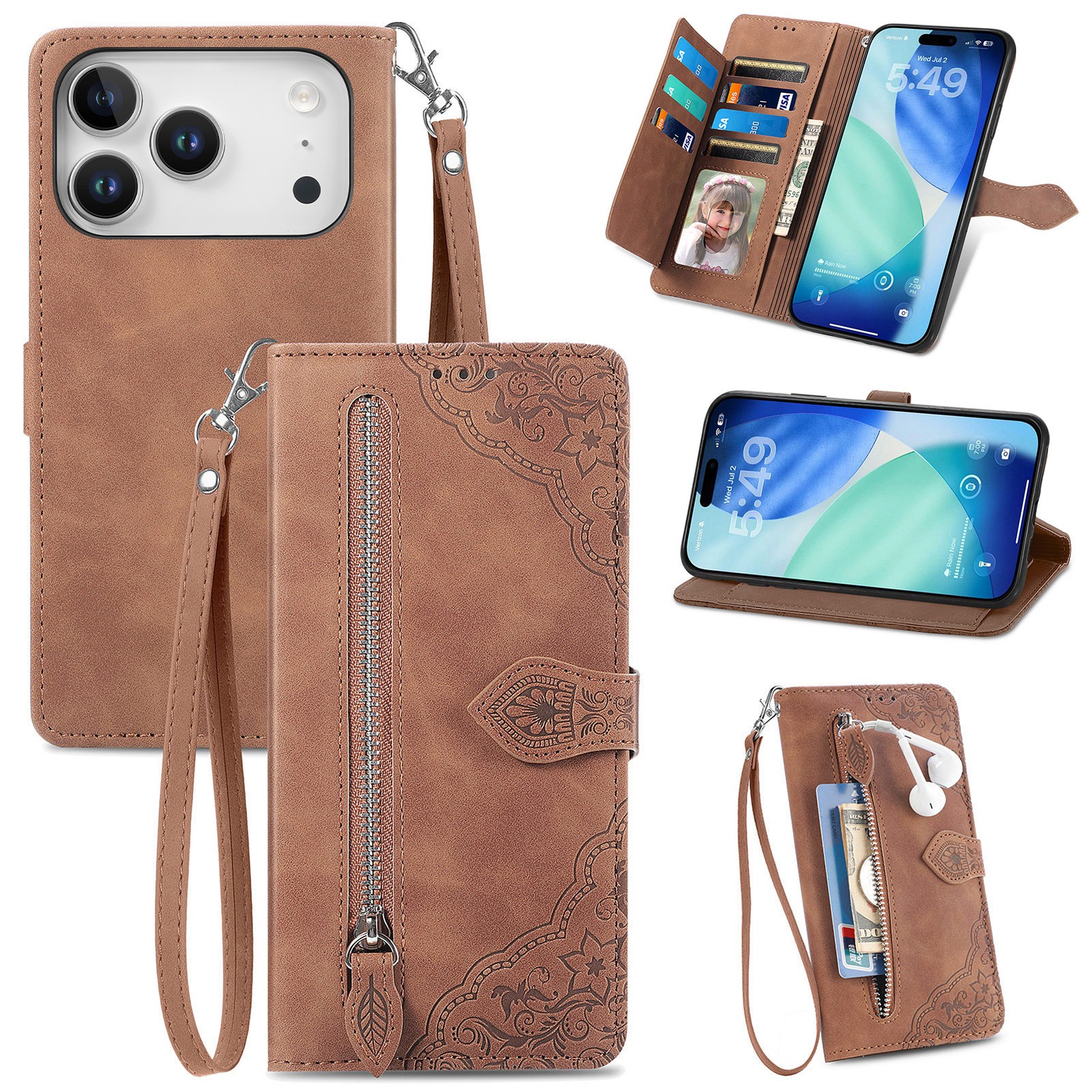 Zipper Flip Leather Wallet Case For iPhone 17 16 15 14 13 12 11 Pro Max Air XR X