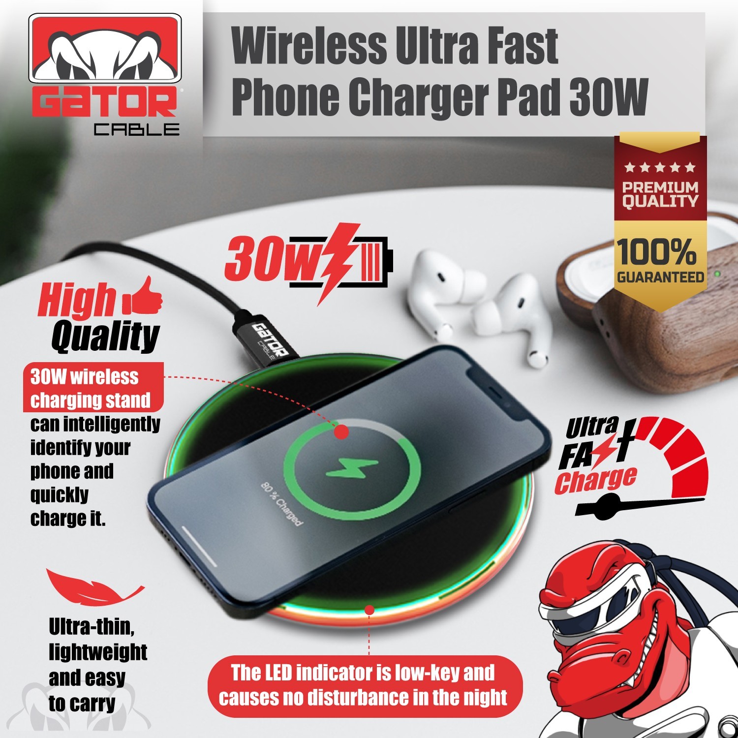 30W Wireless Phone Charger Pad Dock Fast Charge for Samsung iPhone LG Universal