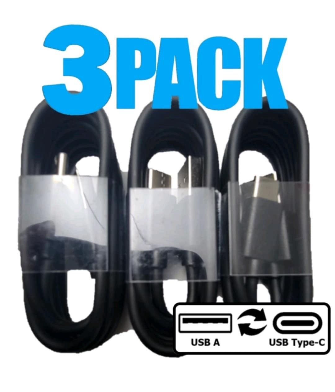 3 pack USB A to USB C 3 ft (1m) black cable for Apple, Samsung