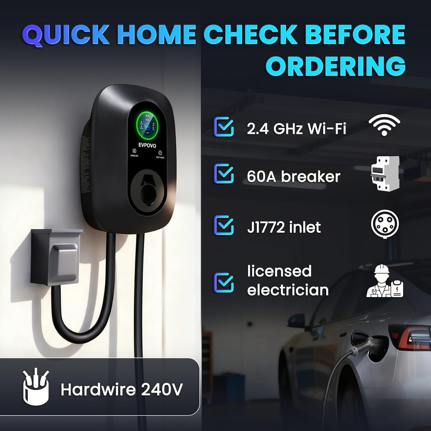 EVPOVO – Level 2 EV Charger 48 Amp Hardwired 240V – 9X Faster J1772 – NEW