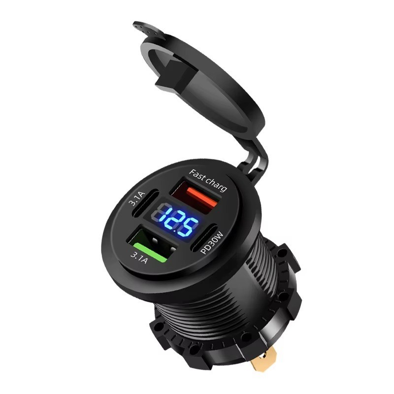 12V-24V PD + QC3.0 Dual USB Car Fast Charger Power Socket Outlet LED Voltmeter