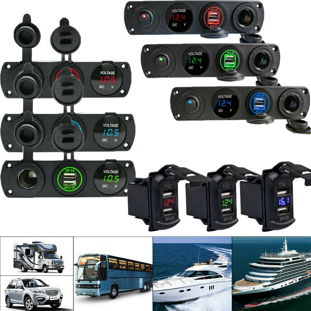 Dual USB Socket Charger+LED Voltmeter & 12V Power Outlet Panel for Car Boat