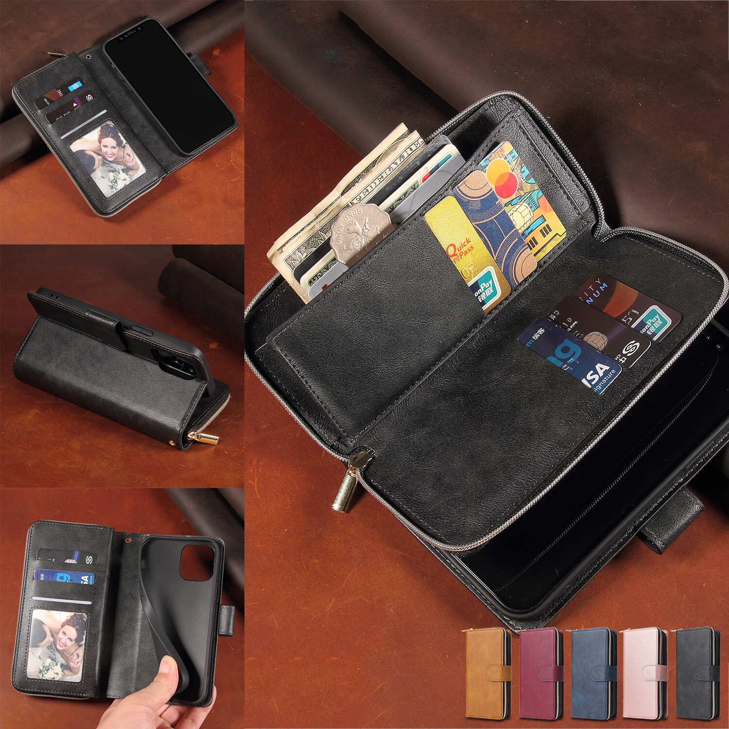 For iPhone 17 Pro 16 15 14 13 12 Case Leather Wallet Zipper Flip Slim Cover