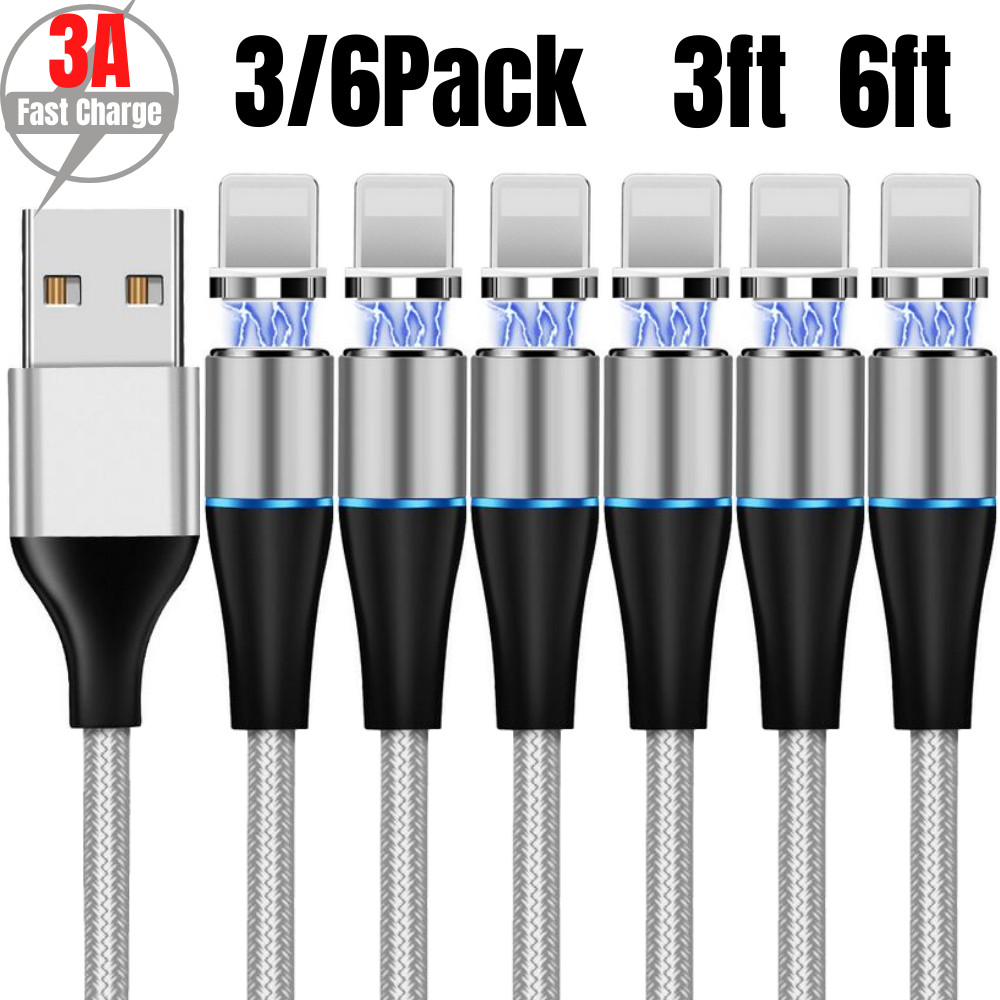 3/6Pack 3/6Ft USB Magnetic 3A Fast Charging Cable Charger Cord for Phone 12 11 8