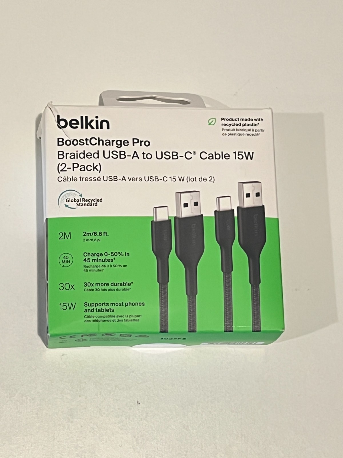 Belkin BoostCharge Pro Braided 15W USB-A to USB-C Cable 6.6 ft – Black (2 Pack)