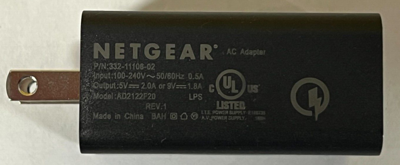 Netgear A/C adapter / Wall Charger Single USB Port(2.0A) Model AD2122F20 Black