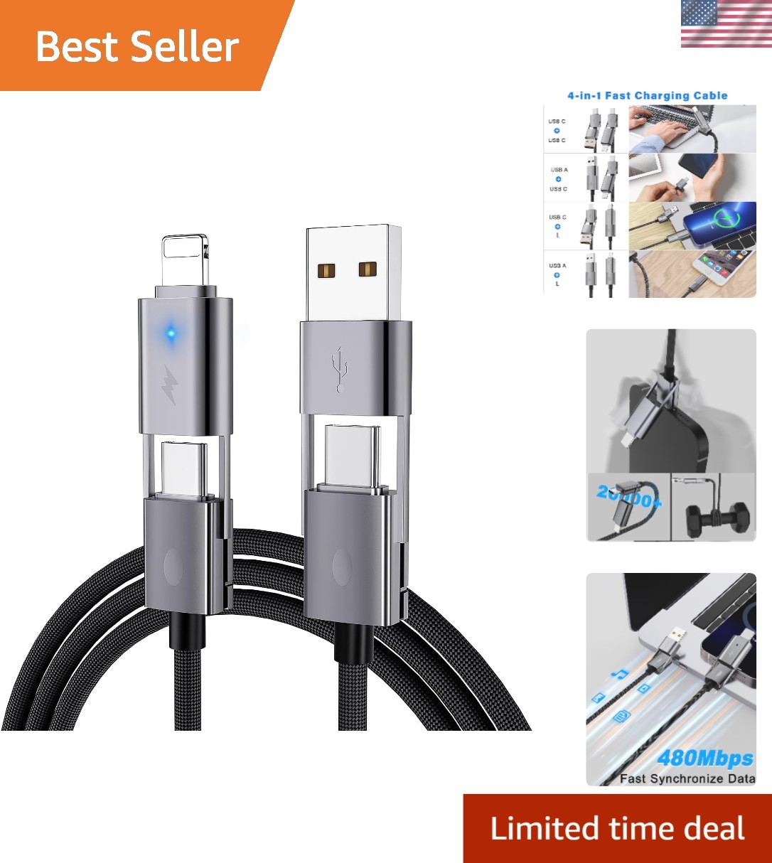 Luxury 4-in-1 USB C Charging Cable – 65W Fast Charging, 6FT Nylon Braided Duo