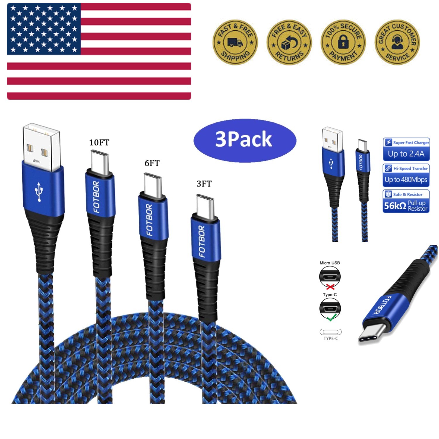 Galaxy Note 9 Charger Cord, USB Type C Cable Fast Charging 3 Pack 3FT 6FT 10F…