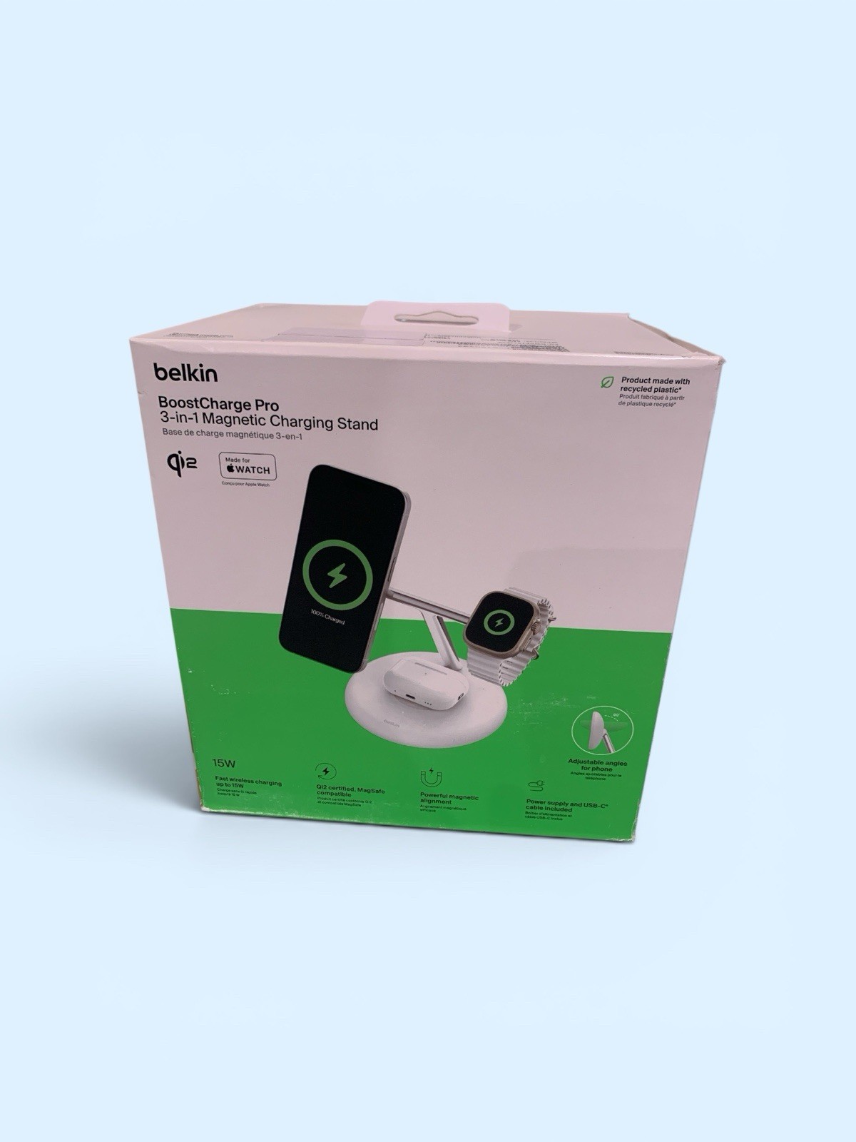 Belkin BoostCharge Pro 3-in-1 Magnetic Charging Stand (Qi2 and MagSafe) – White