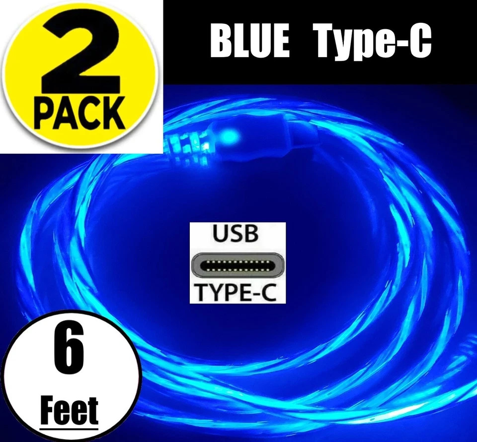 2 PACK LED 6FT Fast Charge USB-C to USB-A Charging Cable Colorful Charger Cord