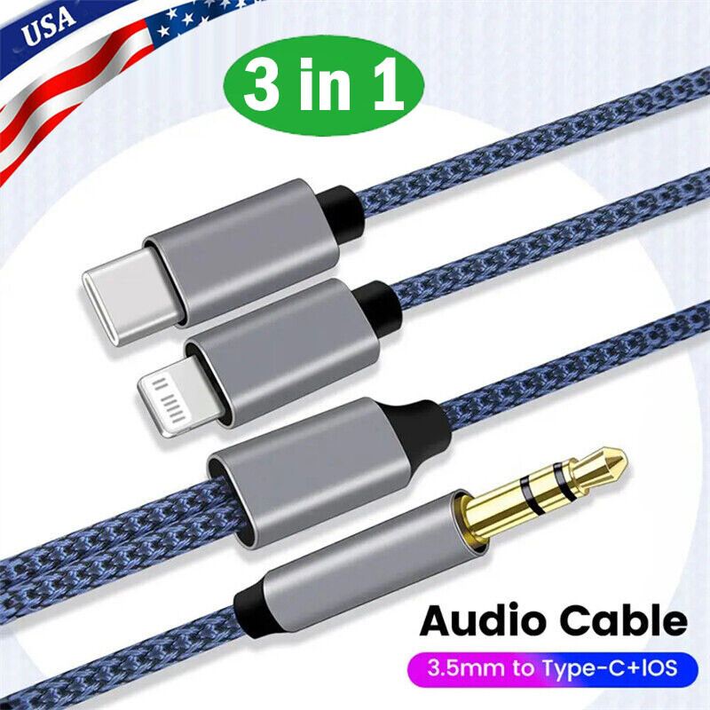 3 in 1 3.5mm to Type-C 8Pin iOS DAC AUX Audio Nylon Braided Cord Cable For Phone