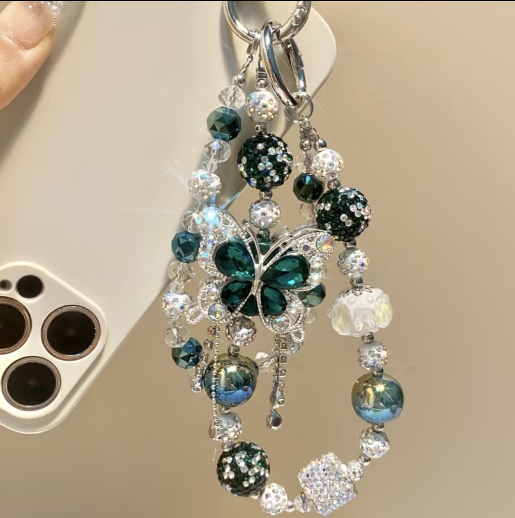 Luxury Green Rhinestone Butterfly Beaded Sparkly Phone Chain Strap Wristlet Cute