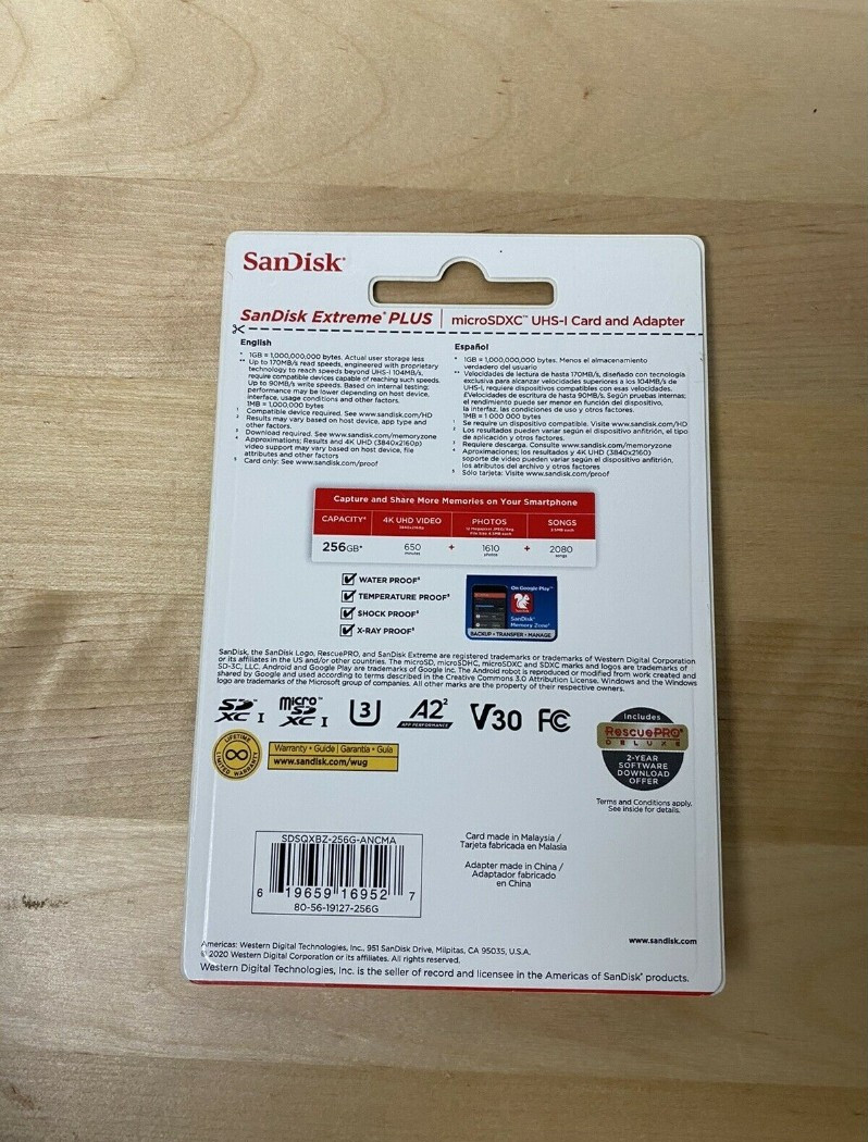 SanDisk Extreme Plus 256GB Micro SD SDXC A2 V30 C10 UHS-I U3 4K UHD Memory Card