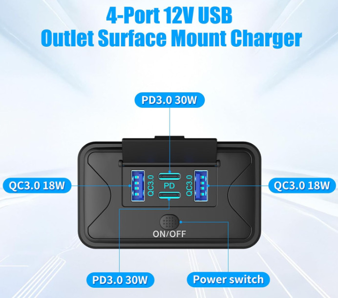 MARINE 4 Port 12V USB Outlet Wall Mount Dual 36W PD & Dual 18W QC3.0