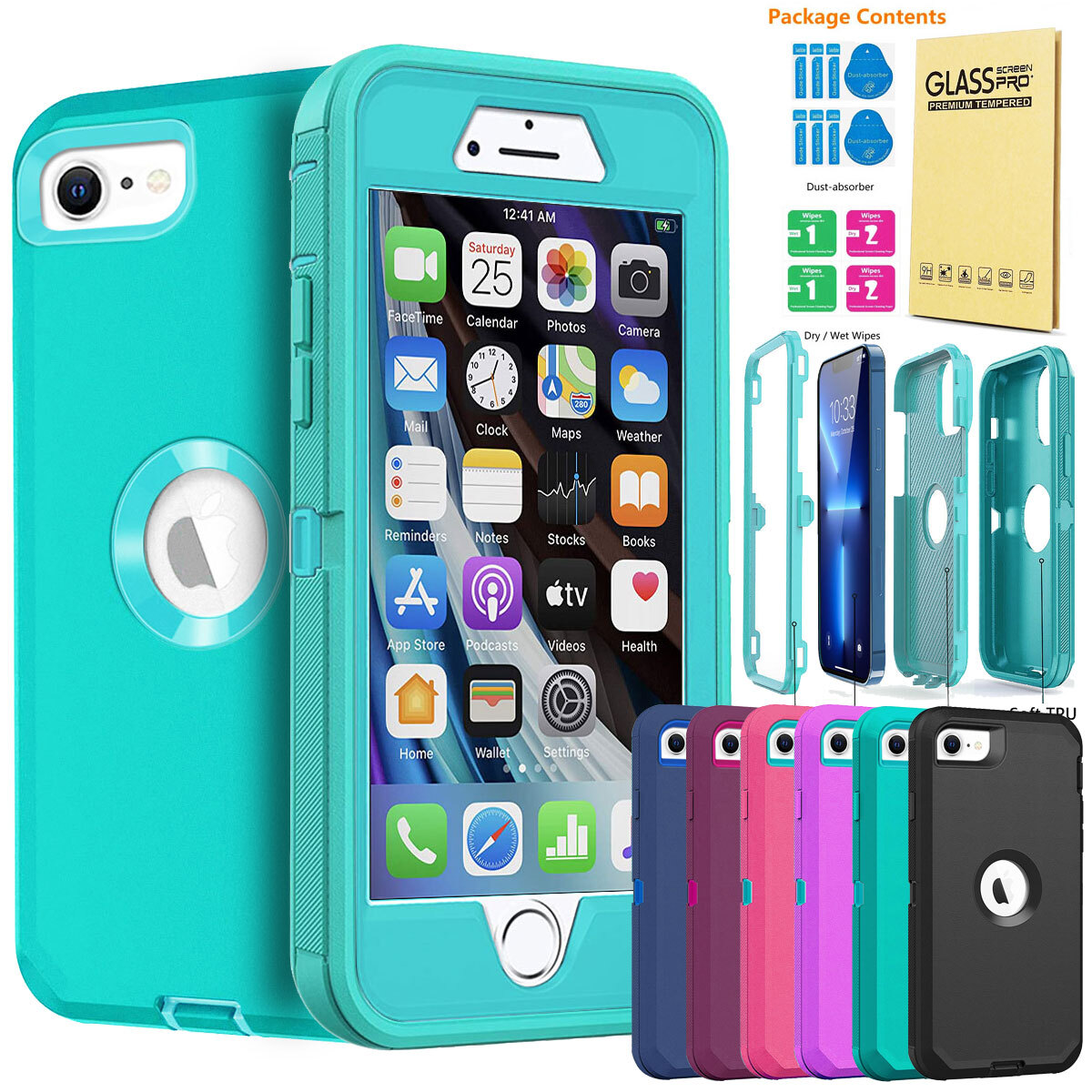 For iPhone 6 7 8 Plus SE 2nd 3rd 14 Shockproof Phone Case Cover+Screen Protector