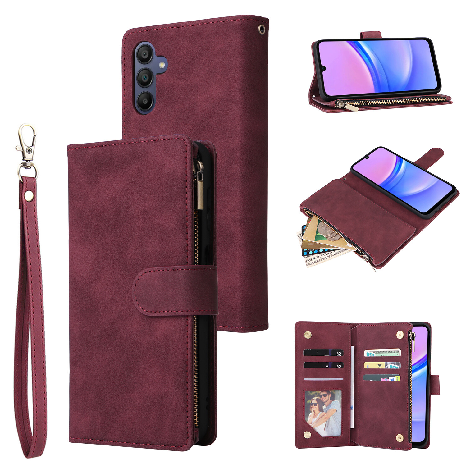 PU Leather Stand Zipper Pocket Wallet Case+Strap For Samsung A16/A26 5G/A56 5G