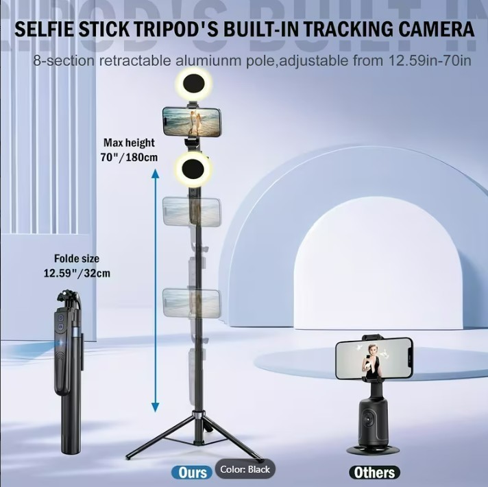 Auto Face Tracking Tripod 360° Rotation with Light, No App, 70.9″ Motion Sensor