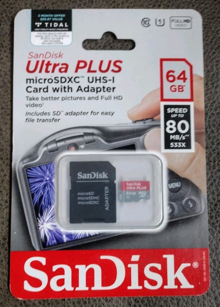 SanDisk- Ultra PLUS MicroSDXC, UHS-1 Card with Adapter, 64GB, Speed up to 80MB/s
