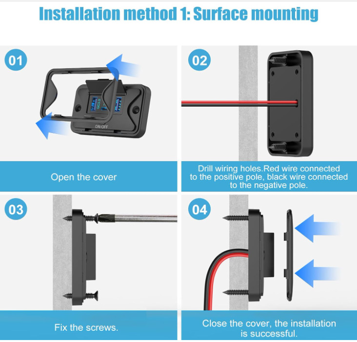 MARINE 4 Port 12V USB Outlet Wall Mount Dual 36W PD & Dual 18W QC3.0