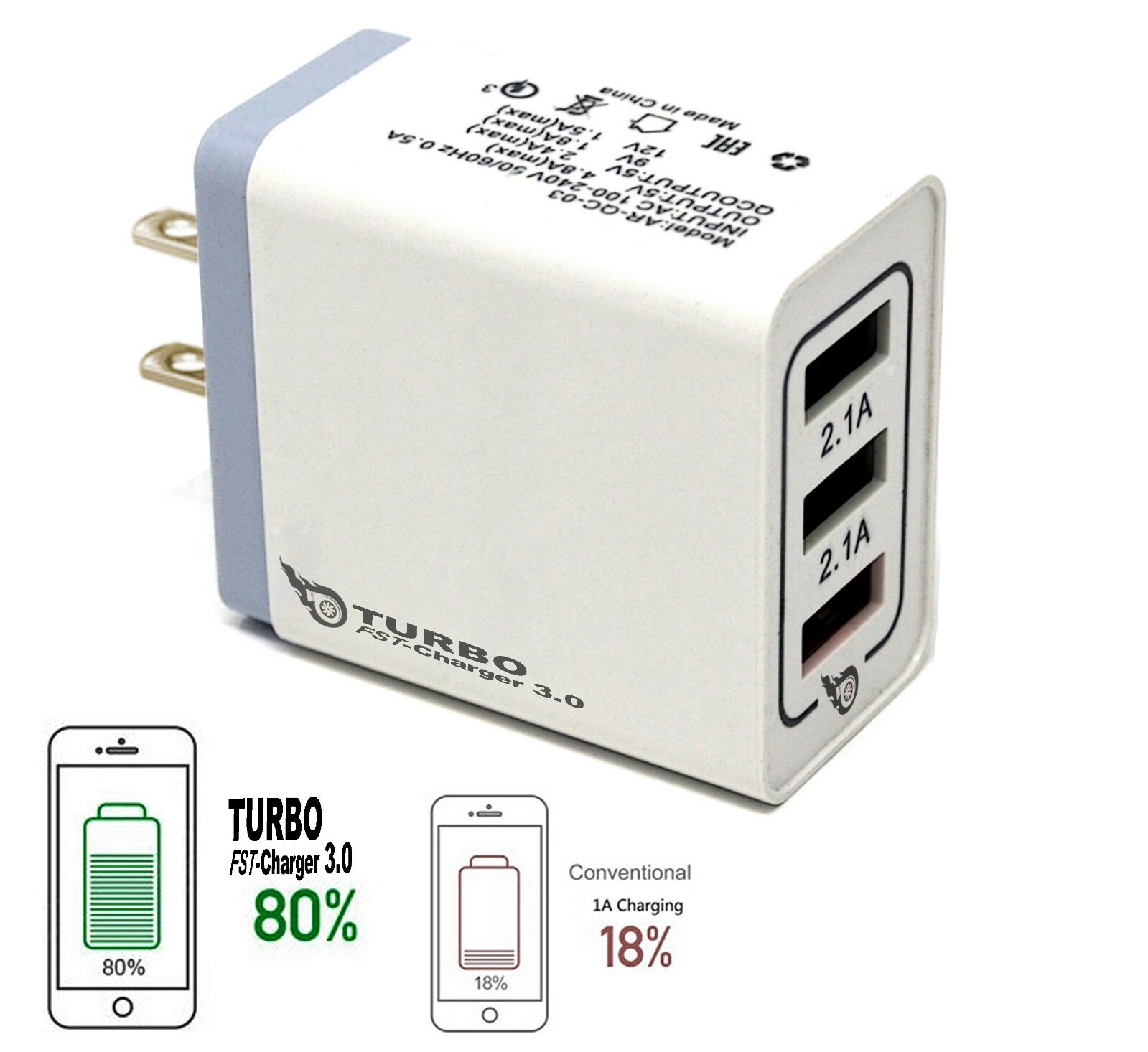 (3 ports) USB Fast Quick wall Charger (18W / 5V,9V,12V / 5A) for Android/iPhone