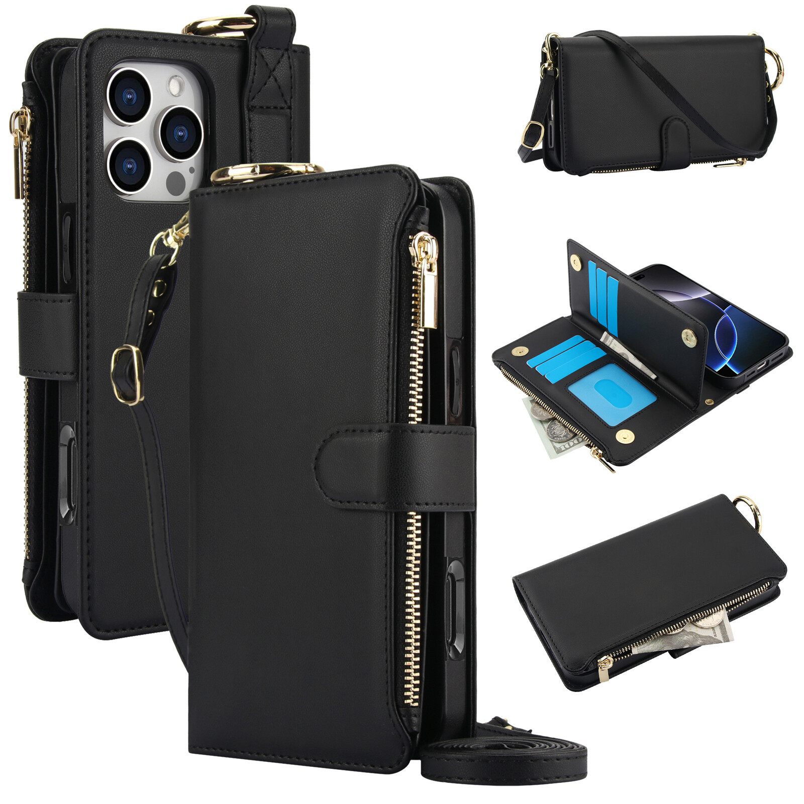 Flip Leather Zipper Wallet Case For iPhone 16 Pro Max 15 14 13 12 11 Stand Cover