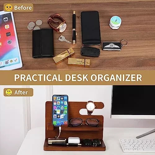 Wood Phone Docking Station Gifts for Men Bedside Organizer Charger Holder for…