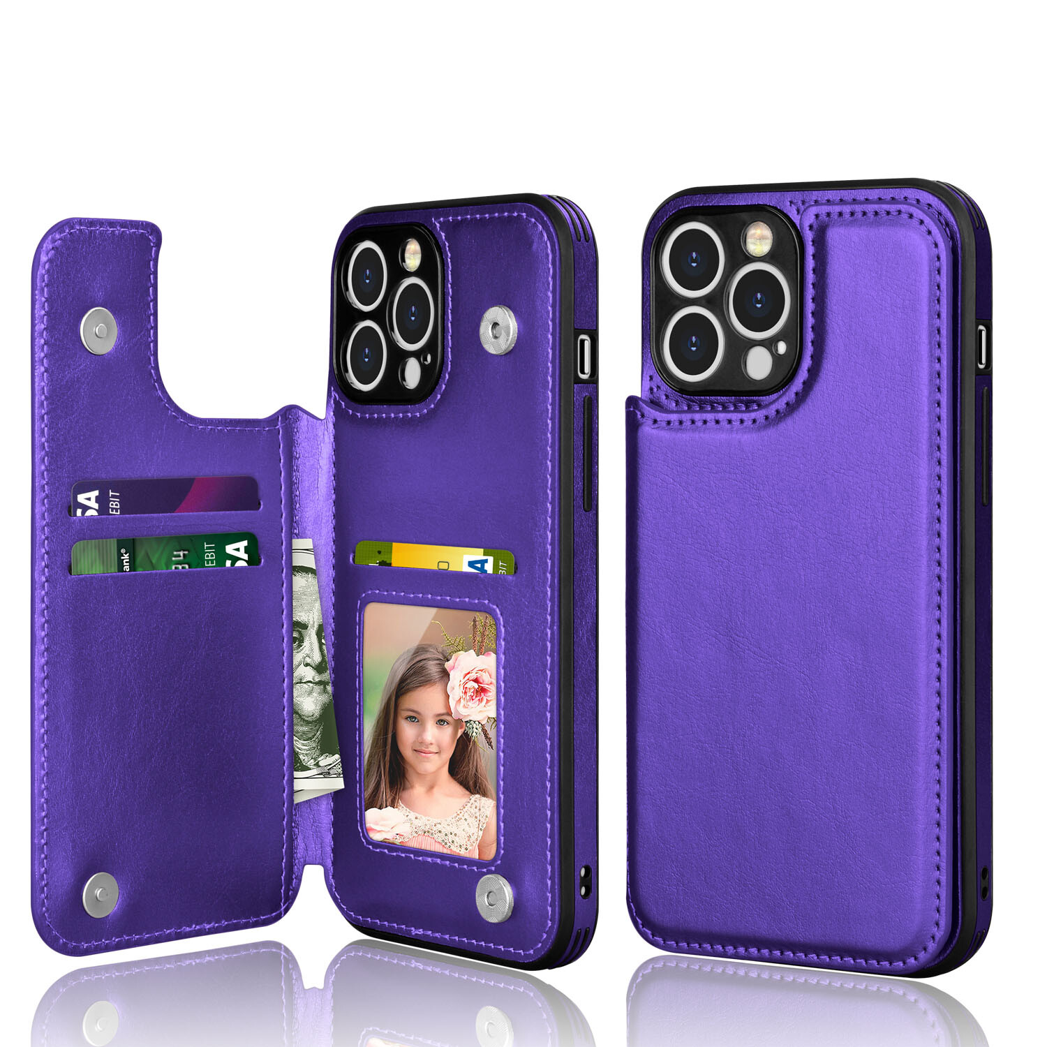 For iPhone 15 14 13 12 11 Pro Max Leather Wallet Card Holder Stand Case Cover