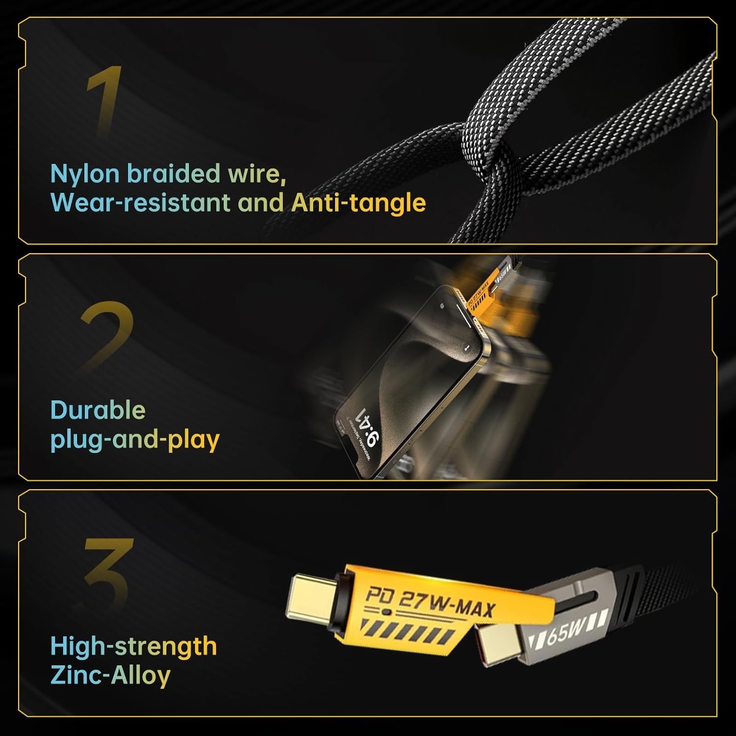 3FT USB C Cable 4-in-1 Fast Charging Cord Type-C for Samsung iPhone Macbook,US