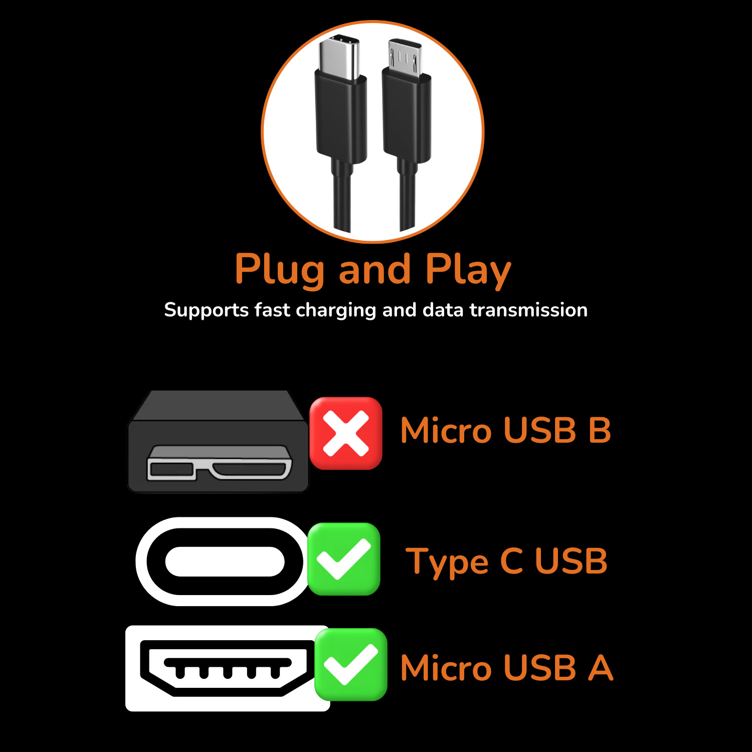 USB Type C to Micro 5V/2.4A Data & Sync Transfer OTG charging cable – Black LOT