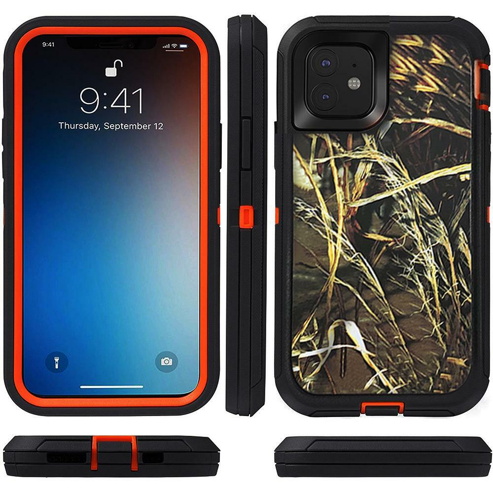 For iPhone 11 Orange/Grass Camo Tree Shockproof Case Cover w/ Belt Clip Holster