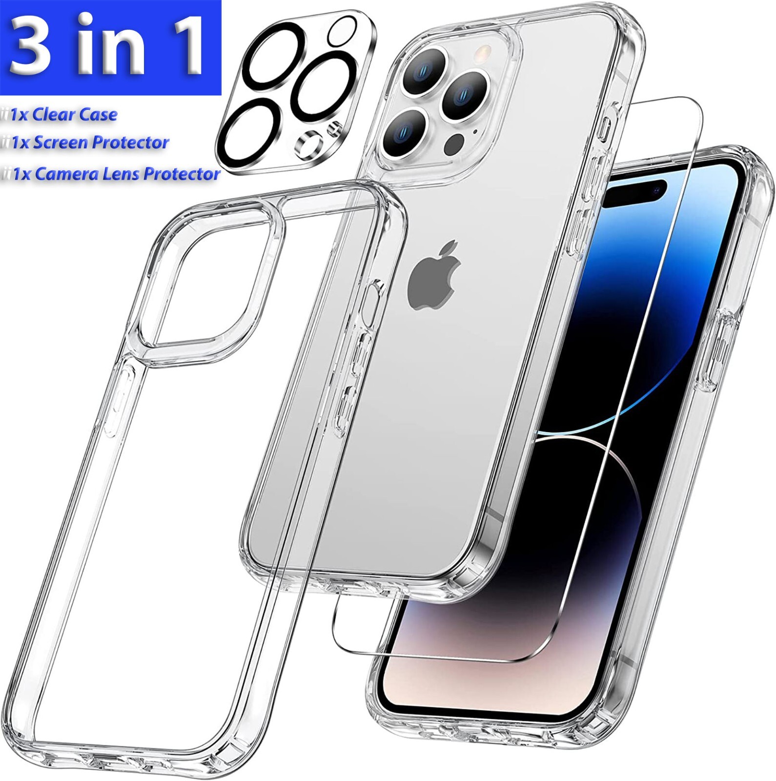 For iPhone 15 14 13 12 11 Pro Max Clear Shockproof Case + Screen Lens Protector