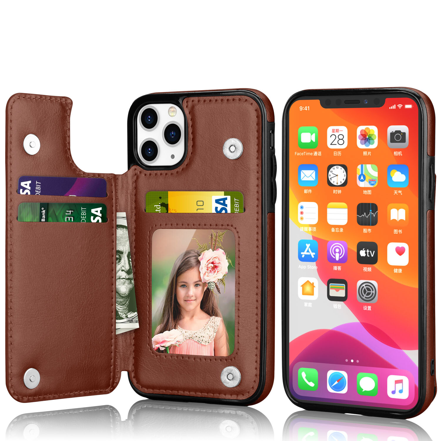 For iPhone 15 14 13 12 11 Pro Max Leather Wallet Card Holder Stand Case Cover