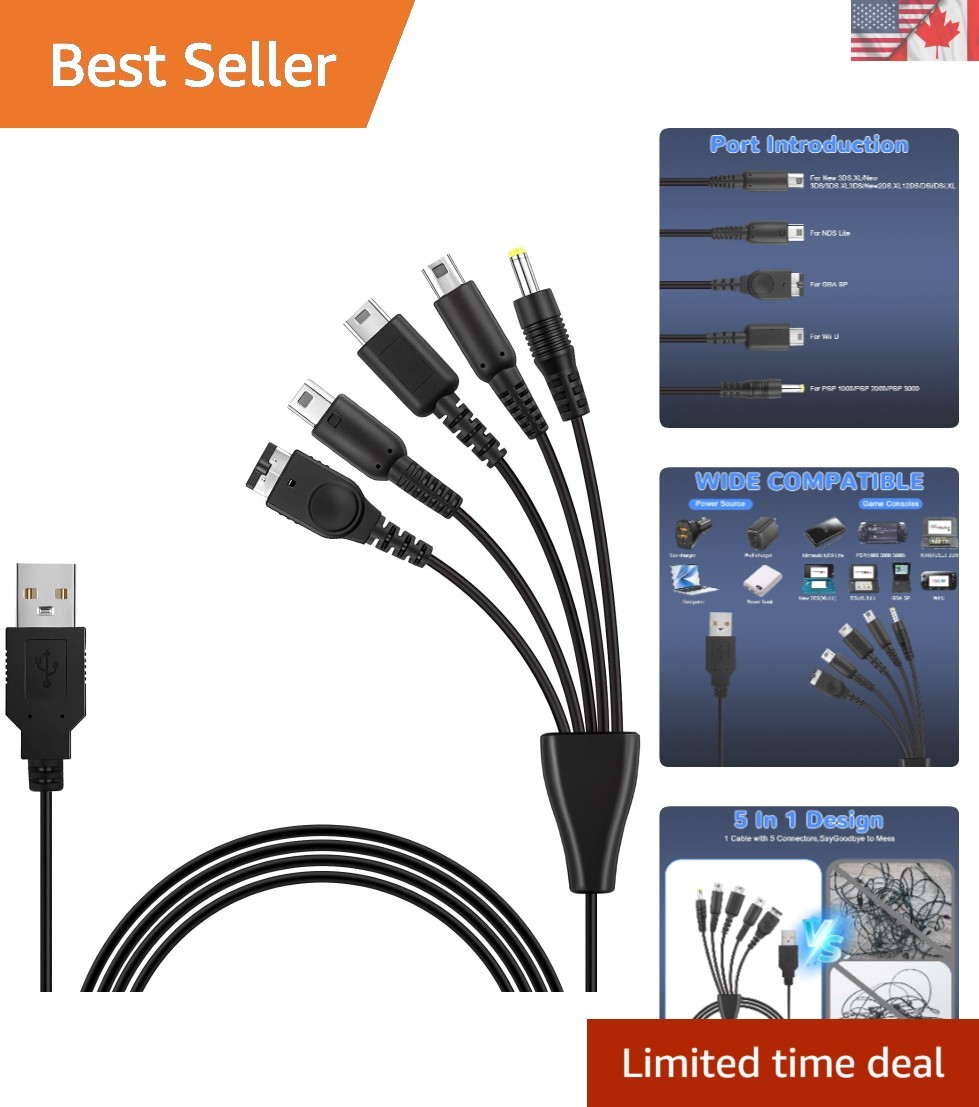 Nylon-Braided 5-in-1 USB Charging Solution for All Gaming Consoles – 3.9FT