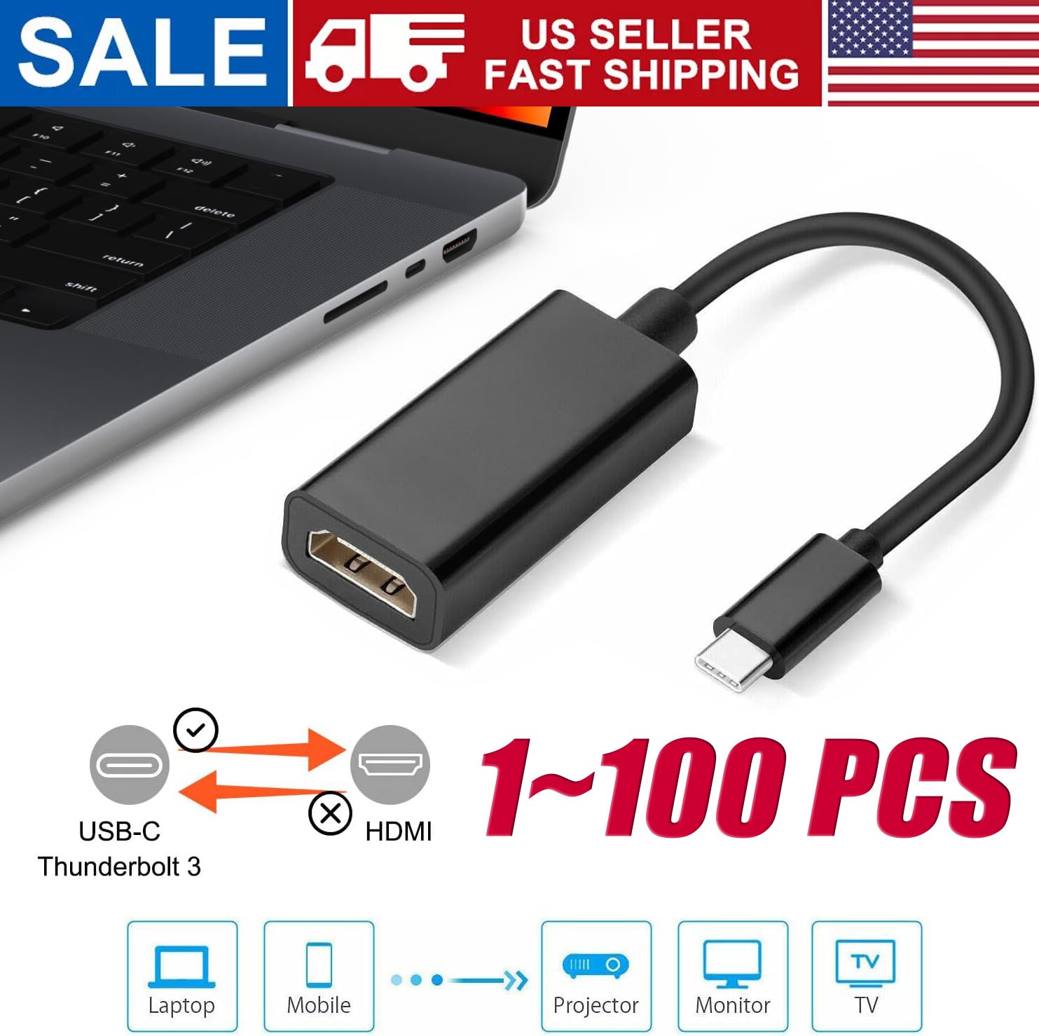USB-C Type C To HDMI Adapter USB3.1 Cable For MHL Android Phone Tablet Black LOT