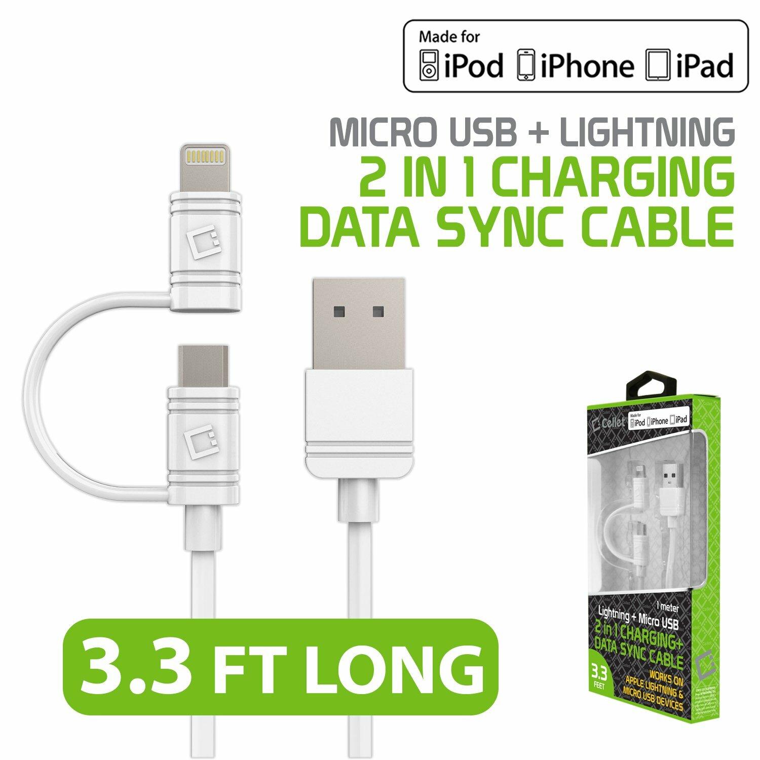 Micro USB & Lightning USB Data Sync & Charging Cable for Apple iPhone Samsung