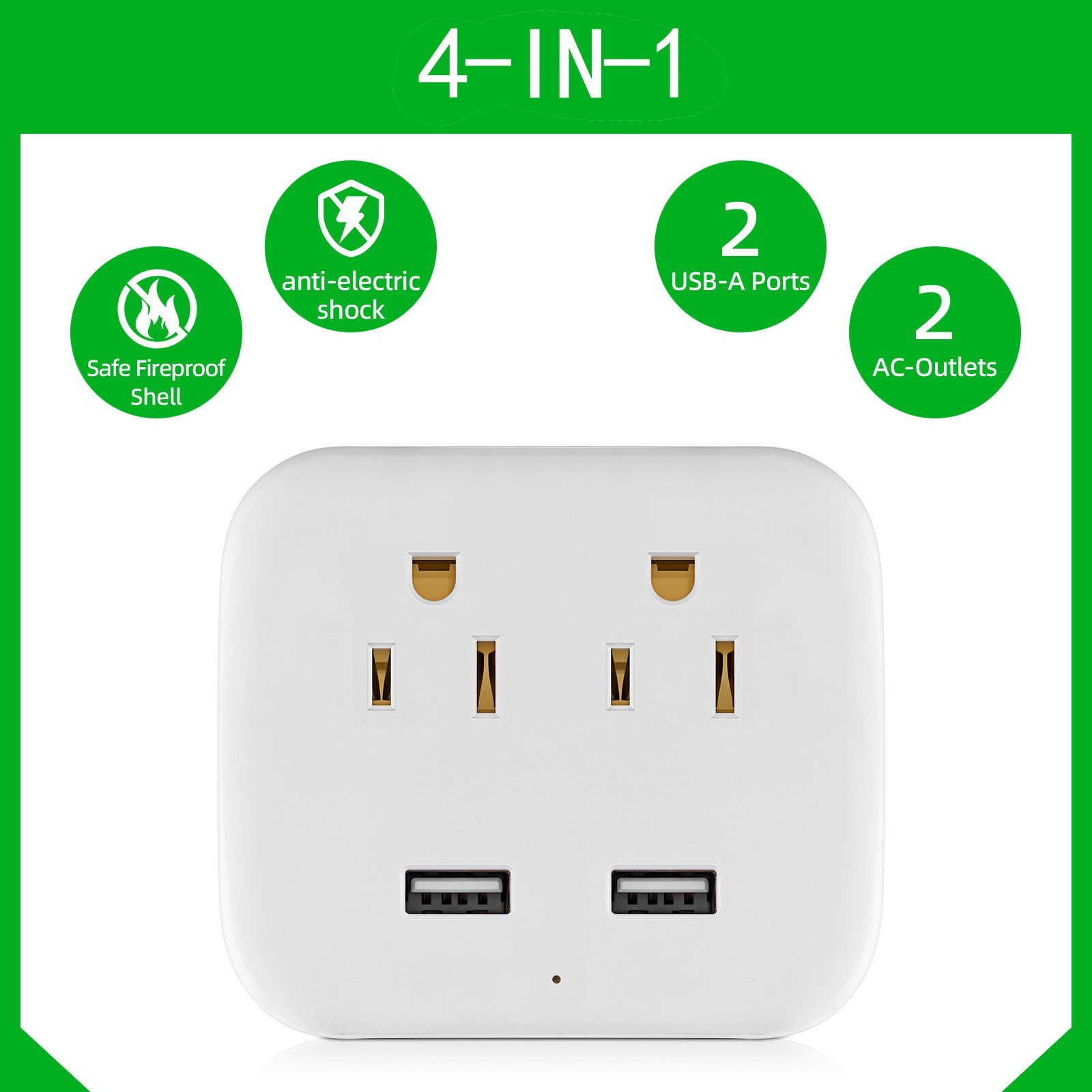Multi Plug Outlet Extender US Wall Adapter with 2 AC Outlets + 2 USB Ports