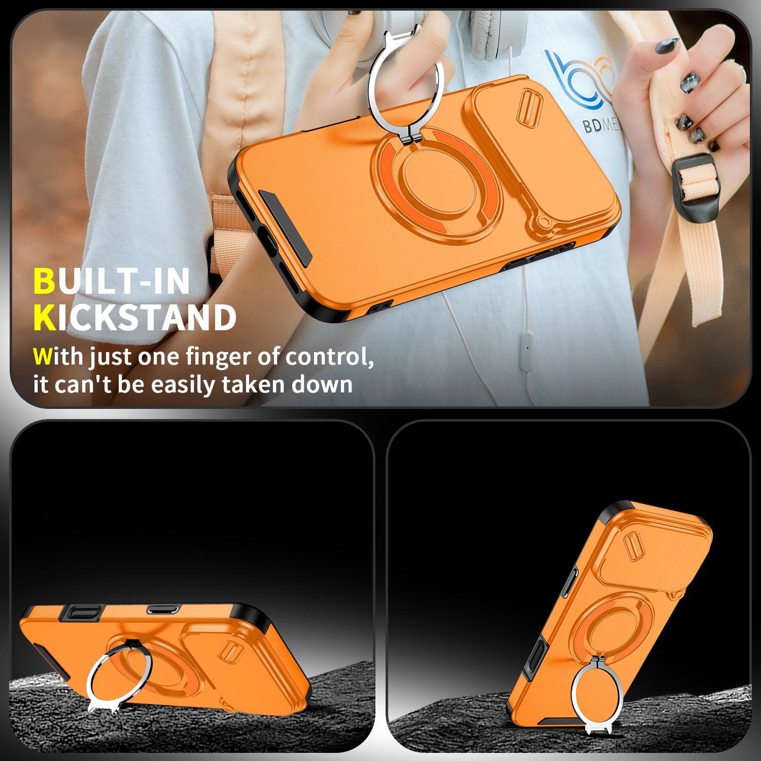 For iPhone 17 16 Pro Max 15 14 13 12 Slide Camera Lens Cover w/ Ring Stand Case