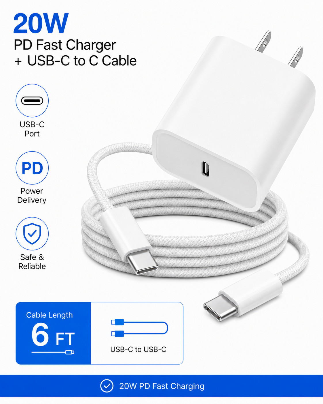 20W USB-C Fast PD Charger + USB-C to USB-C Cable 3FT/6FT for iPhone 15 16 17 LOT