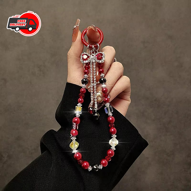 Luxury Diamond Bow Tassel Phone Chain Crystal Beaded Wrist Lanyard Short Holder