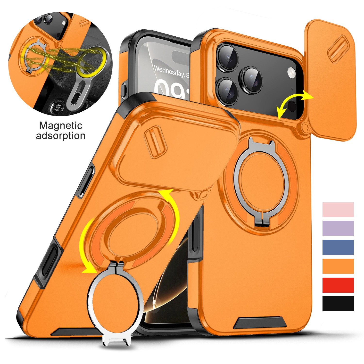 For iPhone 17 16 Pro Max 15 14 13 12 Slide Camera Lens Cover w/ Ring Stand Case