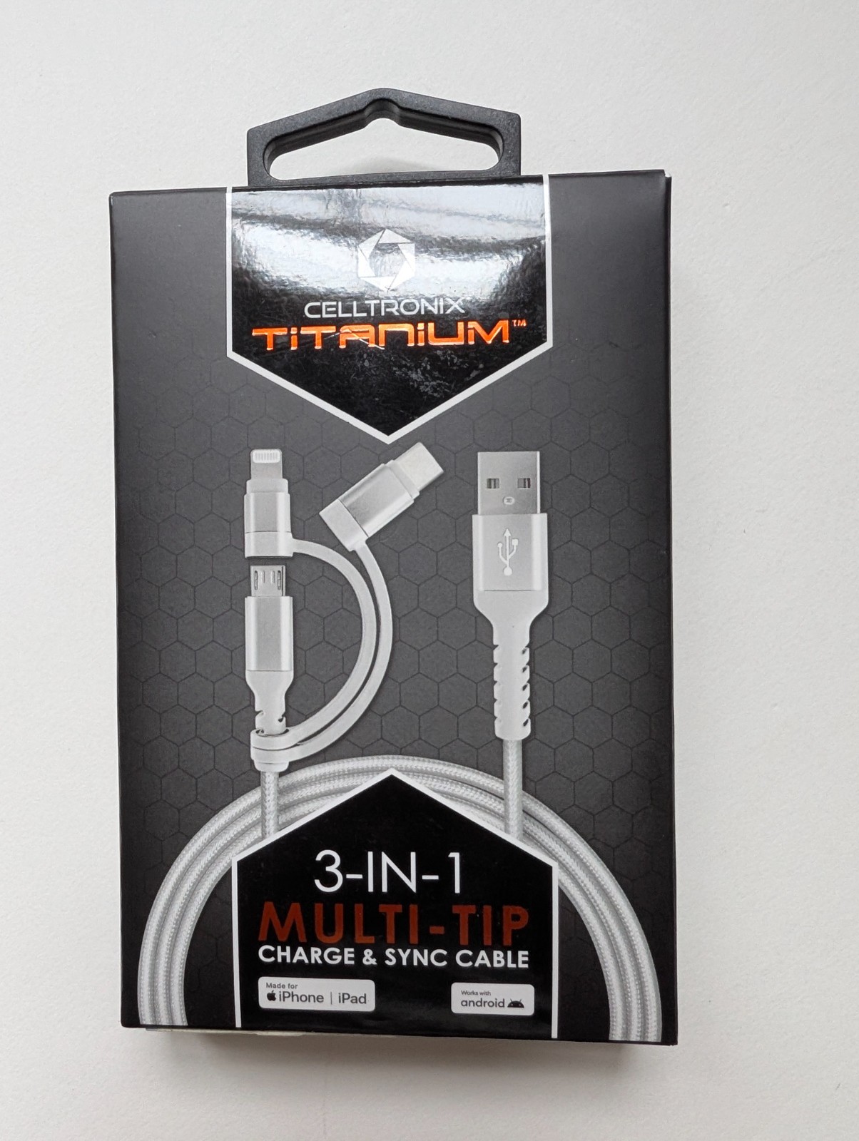 Celltronix Titanium 3-in-1 Multi-Tip Charge Sync Cable iPhone Android USB-C 4ft