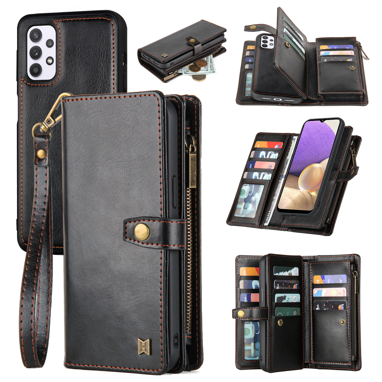 For Samsung Galaxy A13 A14 A15 A32 5G A53 Leather Wallet Case with Wrist Strap