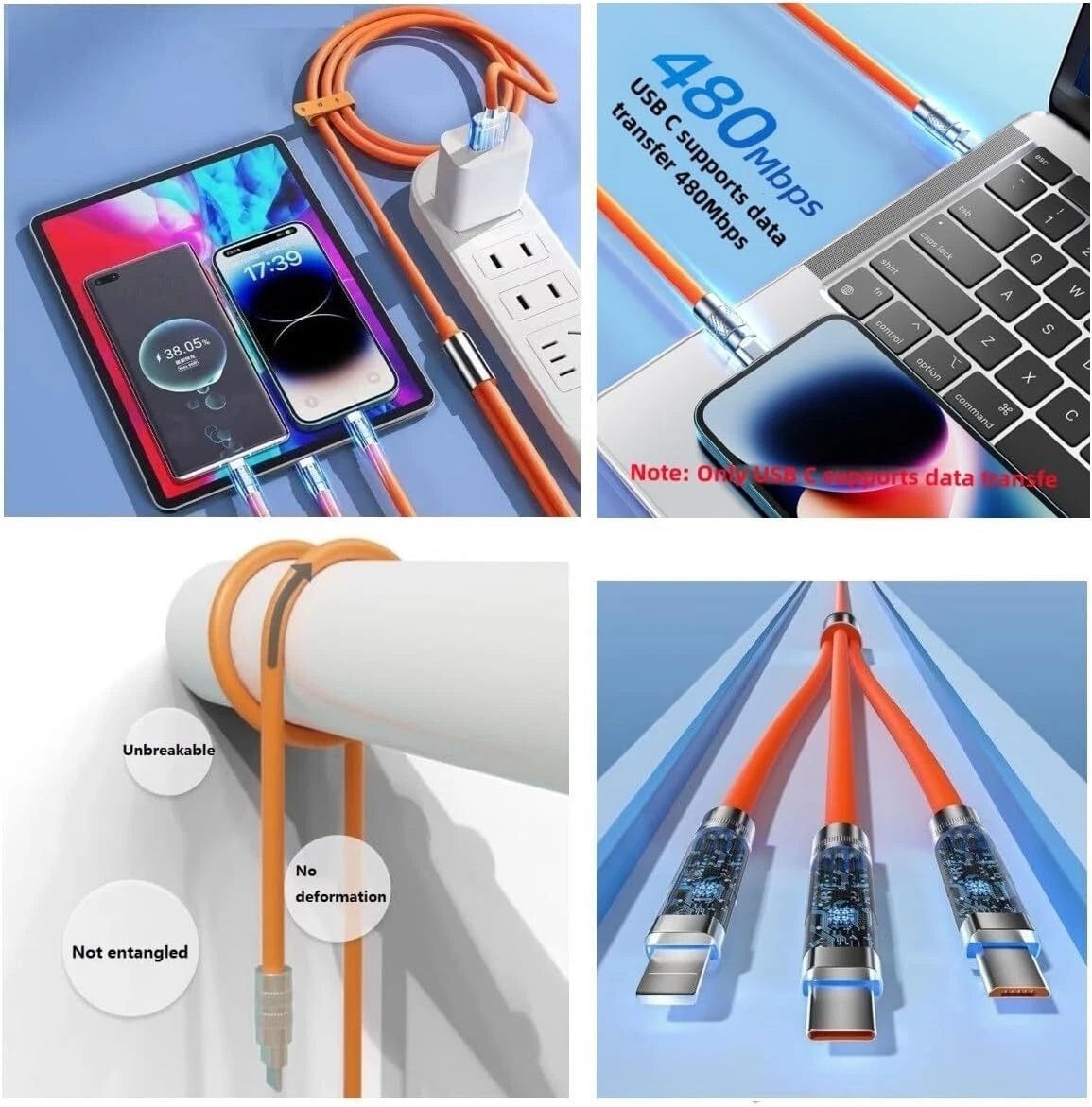 “3 in 1 Fast Charging Cable Cell Phone Charger Cord For iPhone TypeC Micro USB